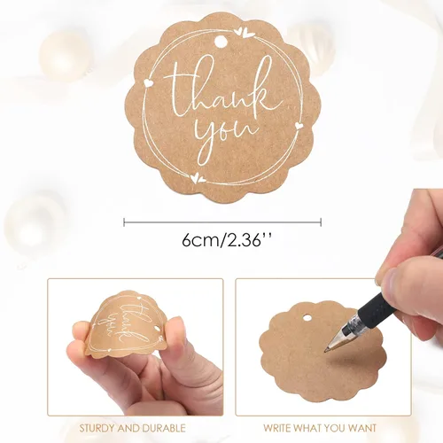 Miniatura 3 de joycraft 100 etiquetas de regalo de agradecimiento con cuerda, etiquetas colgantes de papel kraft redondo festoneado marrón de 2.36 pulgadas