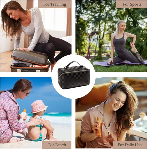 Miniatura 7 de Bolsas de cosméticos de viaje de gran capacidad para mujeres, bolsa de maquillaje a cuadros, organizador de maquillaje de viaje, bolsas