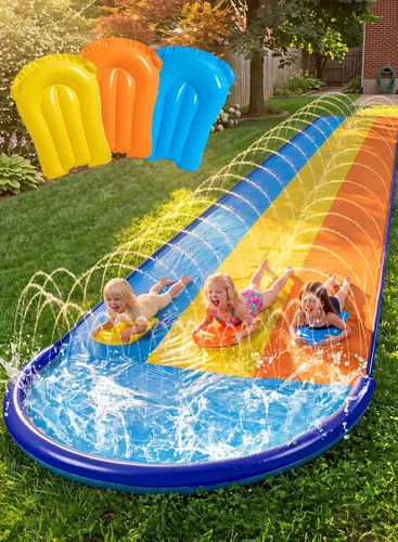Sloosh Tobogán acuático triple con 3 tablas de cuerpo, almohadilla de agua para césped de 22.5 pies, juguete de verano con aspersor avanzado