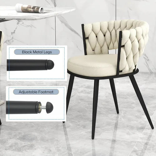 Miniatura 5 de Juego de 2 sillas de comedor tejidas, modernas sillas de comedor tejidas a mano con patas de metal negro, sillas tapizadas con marco negro