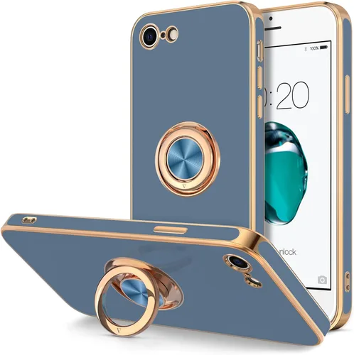 Miniatura 8 de Hython Funda para iPhone SE 2022, iPhone SE 2020, iPhone 7, iPhone 8 con soporte de anillo soporte magnético, chapado en oro rosa, TPU suave, Negro
