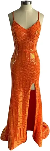 Miniatura 5 de TIRAS Vestidos de fiesta de lentejuelas de sirena 2024 cuello en V brillante correa de espagueti formal vestido de fiesta de noche con abertura CM251
