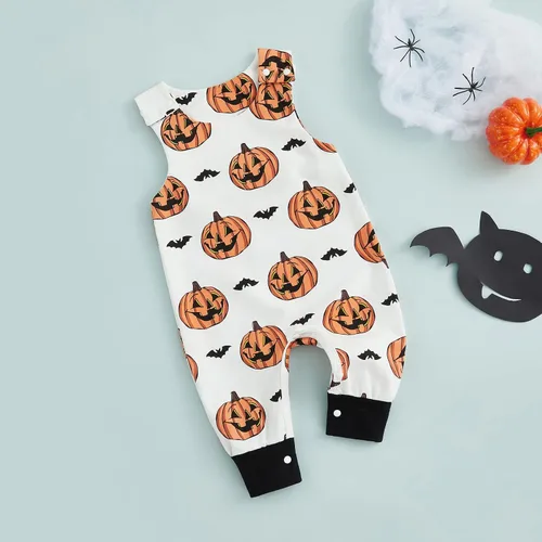Miniatura 2 de Mameluco de Halloween para recién nacido, sin mangas, estampado de calabaza, overol