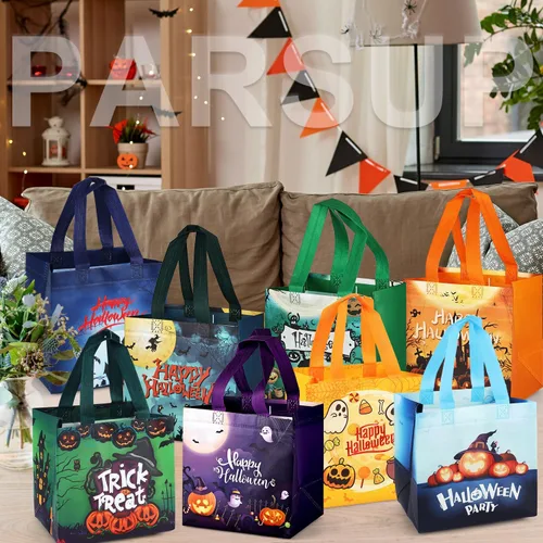 Miniatura 6 de PARSUP 16 bolsas bronceadoras de Halloween para dulce o truco, bolsas de Halloween con asas, bolsas de regalo metálicas, bolsas de Halloween