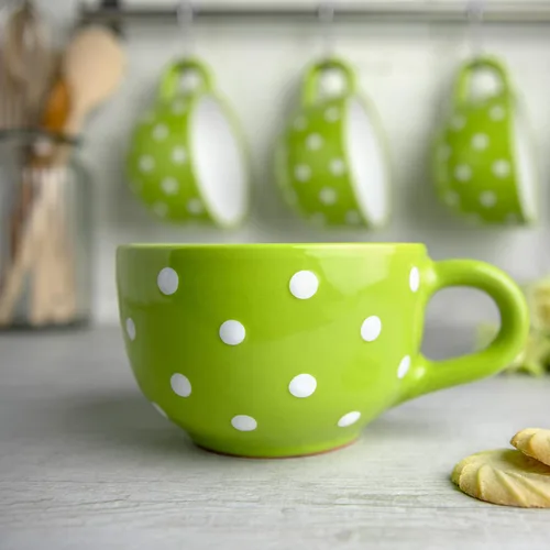 Miniatura 2 de City to Cottage Taza de cerámica hecha a mano, diseño de lunares verde lima y blanco, extra grande de 17.5 onzas, capuchino de cerámica, café, té