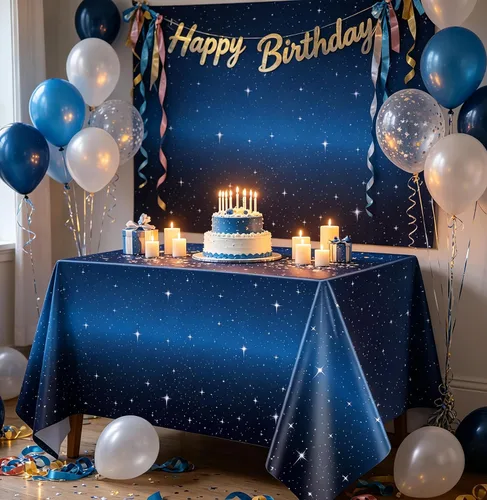 Miniatura 6 de Juego de 4 manteles de noche estrellada – Mantel rectangular de plástico de 86 x 51 pies, cubierta de mesa temática espacial – Suministros
