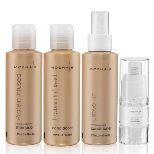 MOEHAIR Kit de viaje (champú proteico, acondicionador, acondicionador sin enjuague y suero para el cabello), sin sulfatos ni parabenos | Adecuado