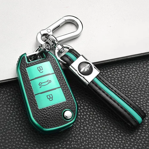 Miniatura 3 de SANRILY Funda de cuero con textura para llavero Peugeot 208 301 308 508 2008 3008 protección completa sin llave con llaveros, color verde