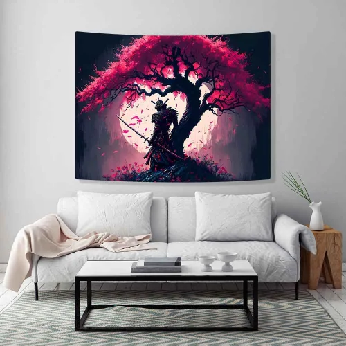 Miniatura 3 de Ine Ive GTDWIE0297 - Tapiz samurái japonés para estética de dormitorio, luna llena, árbol de cerezo, 40 x 30 pulgadas, arte japonés para dormitorio