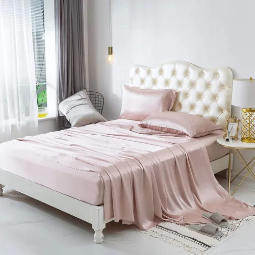 Miniatura 7 de 4 piezas de sábanas de satén 100% seda pura, lujosa colección de ropa de cama ultrasuave y suave, 19 pulgadas de profundidad, 1 sábana bajera, 1