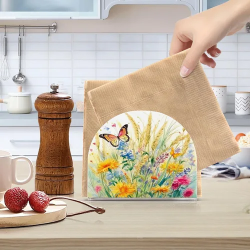 Miniatura 6 de Servilletero rústico con flores silvestres y mariposas para mesas, servilleteros de acrílico transparente, servilleteros de cóctel para cocina