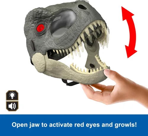 Miniatura 4 de Mattel Jurassic World Rebirth T-Rex Rage N Roar Máscara con ojos iluminados LED, acción de parpadeo con efecto de agresión de 3 niveles, disfraz