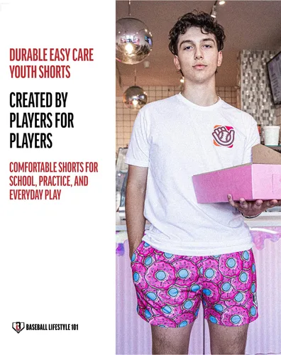 Miniatura 5 de Baseball Lifestyle 101 Pantalones cortos de malla de fresa con bolsillos laterales y cintura elástica, entrepierna de 5 pulgadas, tallas juveniles