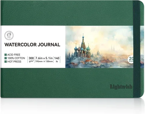 Lightwish Diario de acuarela, 100% algodón, papel de acuarela prensado en caliente, suministros de arte, 7.6" x 5.1", 20 hojas (140lb/300gsm), libre