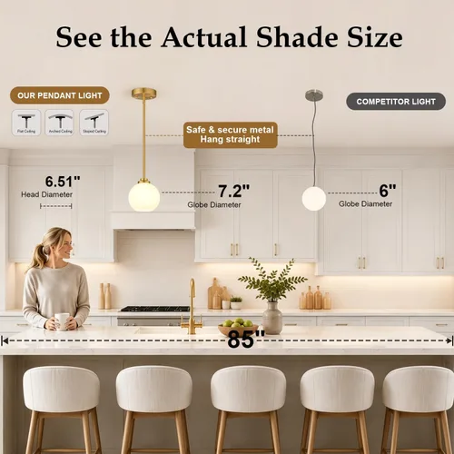 Miniatura 5 de 1 paquete de luces colgantes de vidrio ajustable de 22 a 50 pulgadas de altura para isla de cocina, luces colgantes de globo dorado cepillado