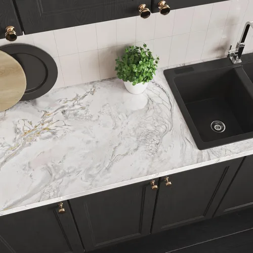 Miniatura 3 de VEELIKE Papel de contacto para encimera de mármol dorado crema, de 15.7 x 118 pulgadas, impermeable, para despegar y pegar, para cocina, papel tapiz