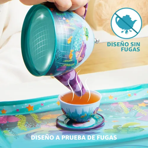 Miniatura 3 de JOYIN Juego de fiesta de té de sirena para niñas pequeñas, juego de tetera de hojalata, juguete de cocina con tetera, tazas, platos, estuche
