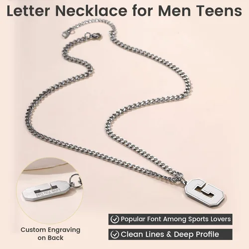 Miniatura 5 de GoldChic - Collar con letra inicial para hombre, de acero inoxidable, collar de iniciales grandes para deportistas y atletas, colgante del alfabeto