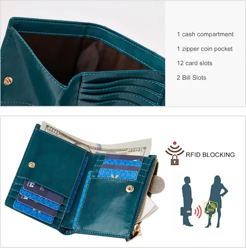 Miniatura 3 de FOXLOVER RFID pequeño cuero genuino titulares de tarjetas de crédito cartera para mujeres, señoras lindo cuero de vaca tarjeta caso, Azul A, Compacto