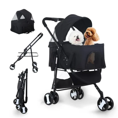 Cochecito para perros y gatos, cochecito para mascotas, cochecito plegable 3 en 1 para perros pequeños, medianos y gatos, con cesta de Negro