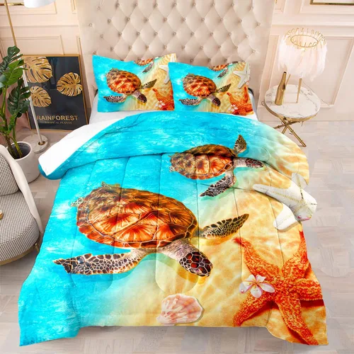 Miniatura 31 de Juego de edredón de 3 piezas con tema de hadas y sirenas, edredón de tamaño individual con escamas de peces marinos, corona de coral, ropa de cama