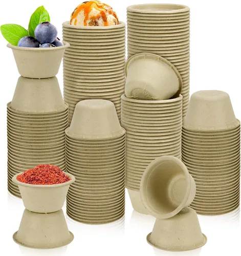 Miniatura 10 de LeonBach Paquete de 100 cuencos de fibra de bagazo natural de 2 onzas, vasos de papel desechables para microondas, muestra segura, aperitivos, Marrón