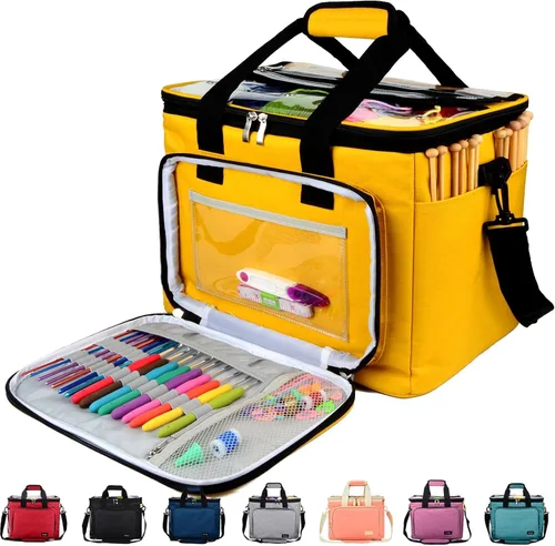 Hoshin Bolsa de tejer para almacenamiento de hilos, organizador de bolsas de hilo de alta capacidad con divisor interior, portátil para llevar