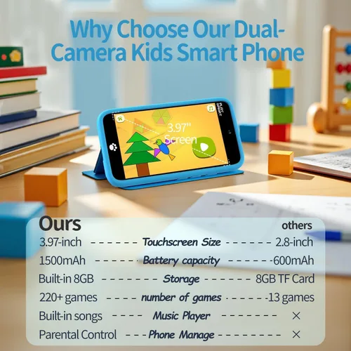 Miniatura 6 de MOMILLA Juguetes para niños, teléfono inteligente, cámara dual con calcomanías, pantalla táctil de 3.97 pulgadas, más de 200 juegos educativos