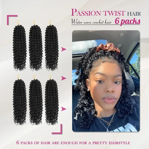 Miniatura 2 de Dansama 6 paquetes de cabello Passion Twist ondulado trenzado para trenzas de ganchillo estilo mariposa, extensiones de cabello bohemio