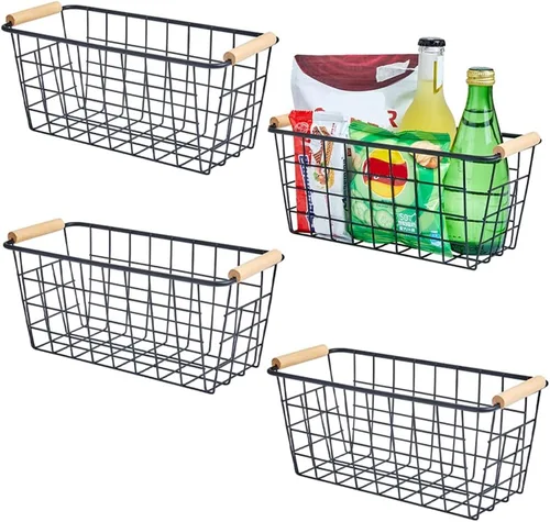 Miniatura 8 de Cestas colgantes de metal negro con asa, organizador de almacenamiento de pared de alambre con ganchos, cestas adhesivas para cocina, baño