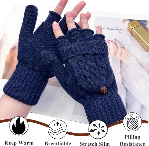 Miniatura 95 de Beurlike Guantes de invierno para mujer, de lana cálida, a prueba de viento, convertibles, sin dedos