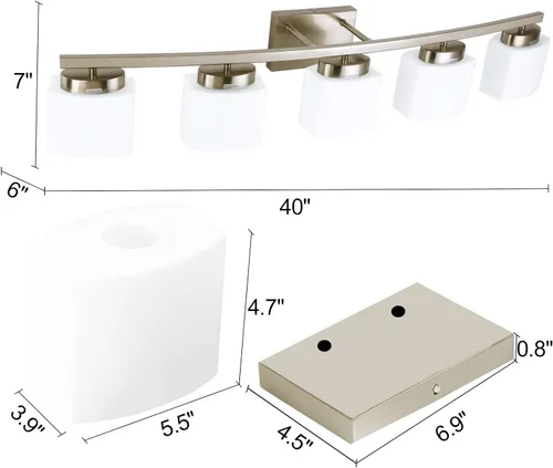 Miniatura 3 de Lámpara de tocador de níquel cepillado de 4 luces con pantalla de vidrio blanco para baño sobre espejo, 31.5 pulgadas