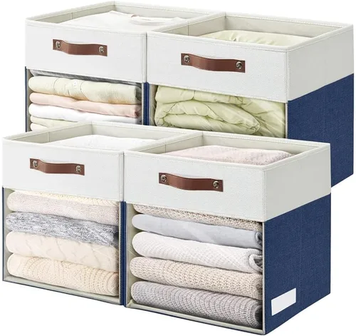 Miniatura 17 de Bagnizer Cubos de Almacenamiento, Paquete de 4 Contenedores de Almacenamiento Plegables de Lino (13 x 13 pulgadas) con Ventana Transparente y Asas