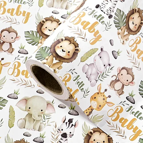 Miniatura 18 de WRAPAHOLIC Rollo de papel de regalo Kraft Animal - Mini Rollo - 17 pulgadas x 16.5 pies - Diseño de mono, elefante y dinosaurio lindos, perfecto