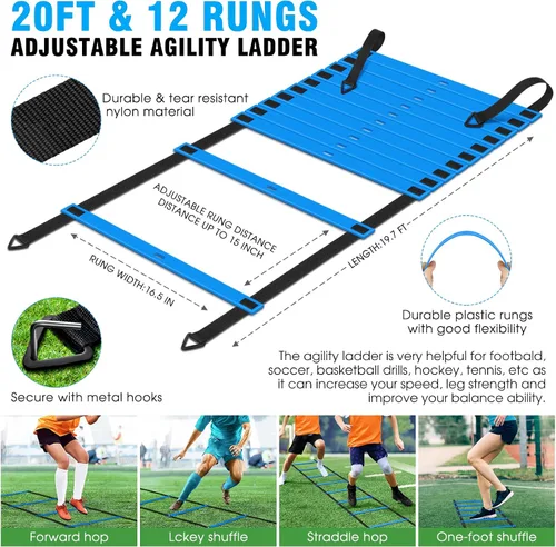 Miniatura 3 de X-UMEUS Agility Ladder Speed Training Equipment Set-20ft Agility Ladder,12 Soccer Cones,4 Hurdles, Jump Rope, Running Parachute Basketball Football