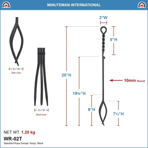 Miniatura 2 de Minuteman International Herramienta individual con mango de cuerda, pinzas para chimenea, estándar de 28 pulgadas, color negro