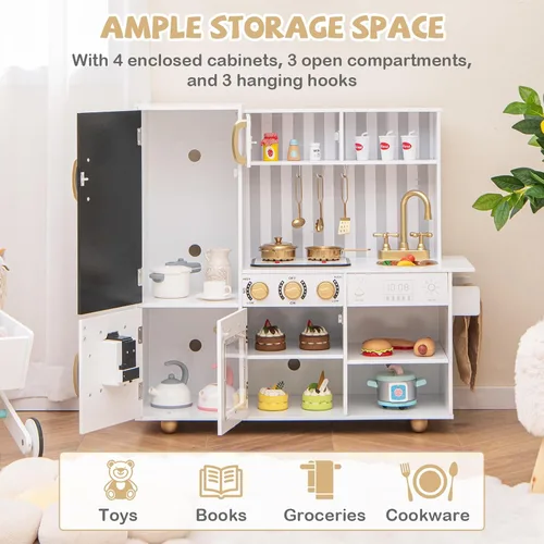 Miniatura 7 de Costzon Cocina de Juguete para Niños, Juego de Cocina de Madera con Estufas, Microondas, Pizarra, Dispensador de Agua, Accesorios de Cocina, Juego