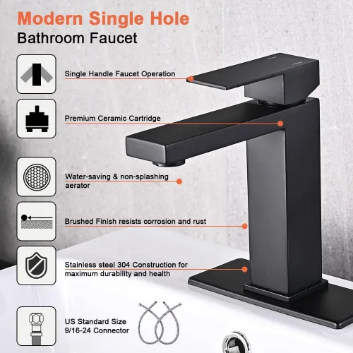 Miniatura 6 de AVSIILE Grifo de baño negro mate, grifo de baño de tocador de un solo agujero, grifos de baño modernos de acero inoxidable de una sola manija