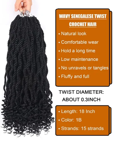 Miniatura 2 de Cabello de Trenzas Senegalesas de Ganchillo de 18 Pulgadas, Cabello de Ganchillo para Mujeres Negras con Bucles Prehechos, 8 Paquetes de Trenzas