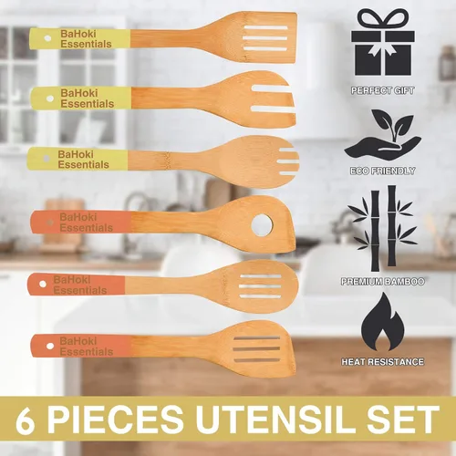 Miniatura 4 de BaHoki Essentials Utensilios de cocina de bambú – Surtido de utensilios de madera natural – sin químicos – Ideal para el cocinero promedio