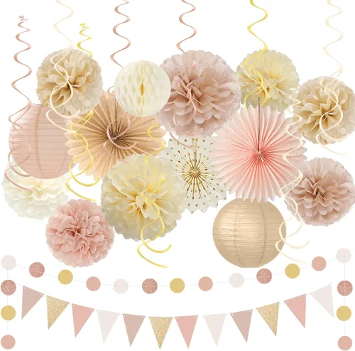 KAXIXI Champagne Pink Beige Paper Party Decorations - 25 Pcs Neutral Boho Decor, Paper Lanterns Tissue Pom Poms Garland Flags Banner for Birthday