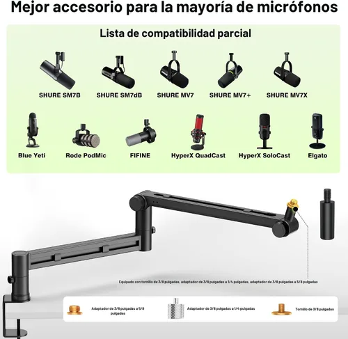 Miniatura 7 de Brazo de brazo de perfil bajo (diseño para micrófono pesado) capacidad de carga de 6.6 libras, estructura de bloqueo de engranajes estable que nunca