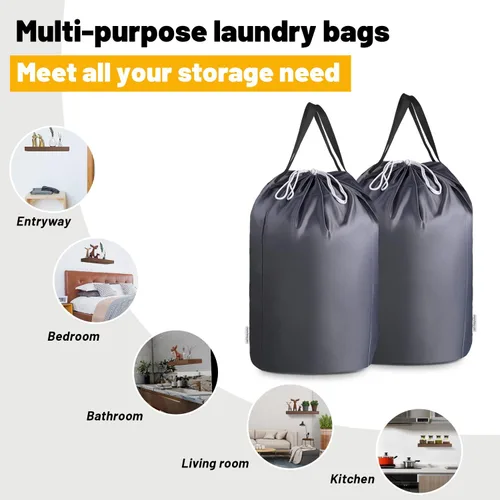 Miniatura 5 de MCleanPin Bolsas de lavandería lavables de 140 litros con asas, almacenamiento de ropa sucia para dormitorio universitario o viajes, forro de Gris
