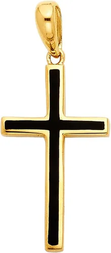 Miniatura 2 de Ioka Colgante de cruz de oro amarillo de 14 quilates con dije de esmalte negro con collar de cadena de Singapur de 0.047 in