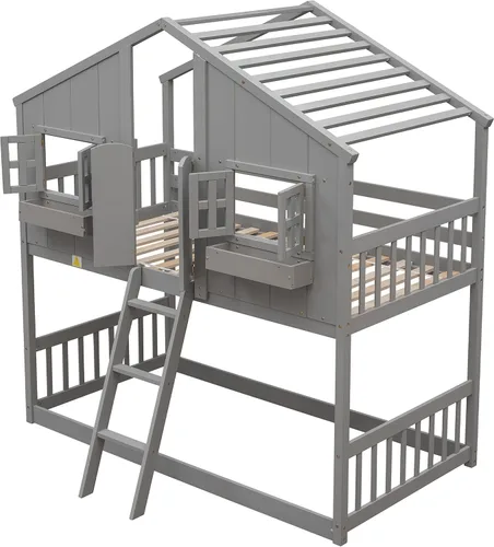 Miniatura 6 de Litera para niños con apariencia en forma de casa, litera de tamaño individual con techo y 2 ventanas, literas de piso de madera maciza para niños