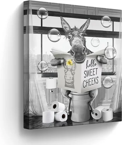 Miniatura 12 de Lienzo decorativo de osos divertidos para pared, cuadros en blanco y negro, decoración de pared de baño, oso sentado en el inodoro, lectura