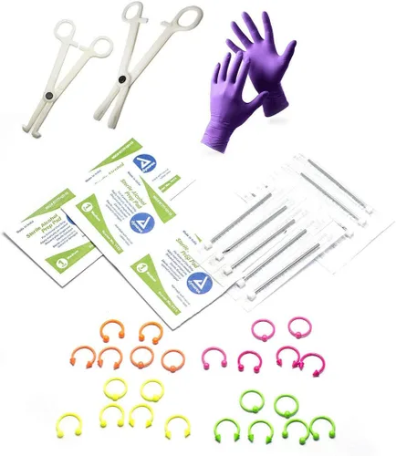 Kit de 41 piercings corporales para nariz, labio, lengua, pezón, vientre I.P. 14G y 16G, Acero inoxidable, circonita cúbica