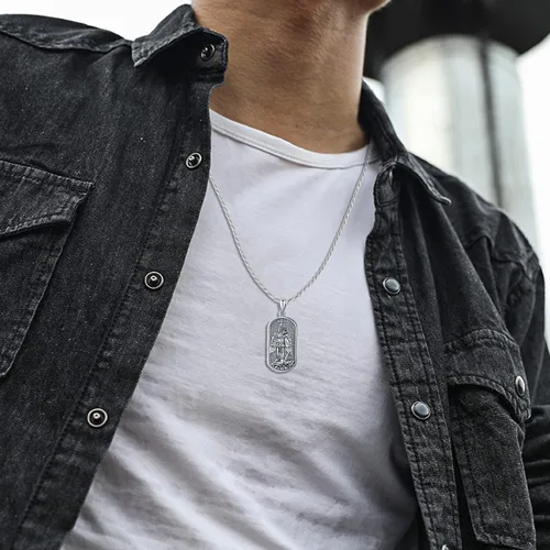 Miniatura 4 de Odinstone Collar de plata de ley 925 con medalla de San MiguelSan CristóbalSan BenitoCrucifijo de JesúsSan UrielArcángel Rafael para hombres