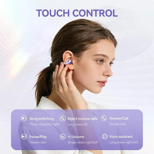 Miniatura 6 de Auriculares con clip abiertos con Bluetooth 5.4, reproducción de 48 horas, IPX6 impermeable, control táctil, cómodos para entrenamientos y uso