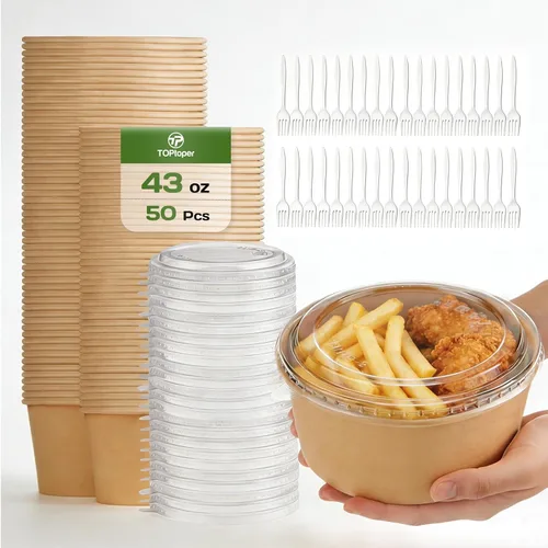 Miniatura 8 de TOPtoper Paquete de 50 cuencos de papel grandes de 25 onzas con tapas, cuencos desechables para servir sopas, suministros de fiesta a granel
